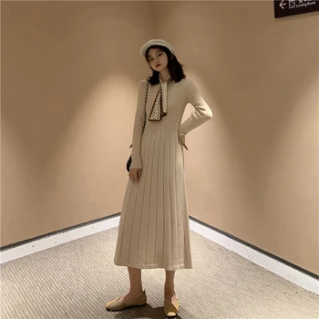 Slank Sweater Dress Kvinder O-Hals Midi-Fest Elegant Strikket Kjole Kvindelige Efterår Og Vinter 2020 Afslappet Langærmet Maxi Kjole Koreansk