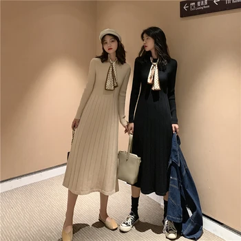 Slank Sweater Dress Kvinder O-Hals Midi-Fest Elegant Strikket Kjole Kvindelige Efterår Og Vinter 2020 Afslappet Langærmet Maxi Kjole Koreansk