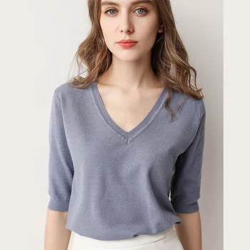 Forår sommer nye Korte ærmer Cashmere sweater kvinder er lav krave løs v-hals strik bunden shirt kvindelige pullover toppe