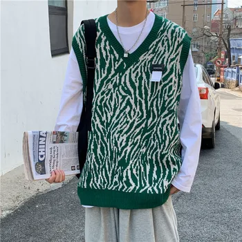 Mænd Sweater Vest Med V-Hals Tie Dye Print Patchwork Harajuku Strikket Mænd Fritid Smarte Løs Street Outwear Cool Studerende Mode