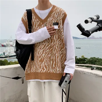 Mænd Sweater Vest Med V-Hals Tie Dye Print Patchwork Harajuku Strikket Mænd Fritid Smarte Løs Street Outwear Cool Studerende Mode