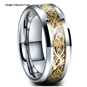 Guld Dragon Ring Wolfram Indlæg Ring For Mænd Og Kvinder Med Sort kulfiber Og Stål Dragen Indlæg 8MM Comfort Fit