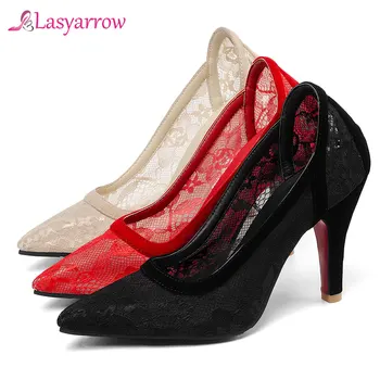 Lasyarrow 2019 spring nye sko kvinde spids tå lavvandede pumper kvinder sko sexy prom bryllup høje hæle sko kvinder plus størrelse