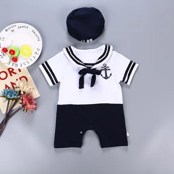 Spædbarn Baby Sommer Korte Ærmer Rompers Tøj Baby Dreng matroskrave med Navy Sailor Hat Krave Børn Klatring Buksedragt Sæt 58551