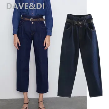 Dave&Di 2020 mødre jeans kvinde england style vintage indsamle taljen med bæltet høj talje jeans løse boyfriend jeans for kvinder