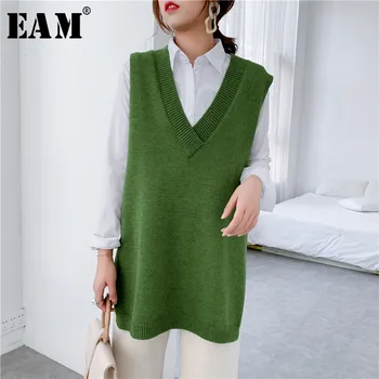 [EAM] Grøn Gul Stor Størrelse Strikke en Sweater i Loose Fit V-Hals uden Ærmer Kvinder Trøjer Nye Mode Efterår og Vinter 2021 1Y211