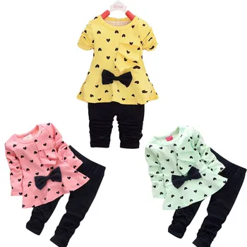Nye Baby Pige Tøj Sæt, Hjerte-formet Print Bue Søde 2STK Kids T-shirt + Bukser med Lange ærmer Kærlighed bue pige sæt