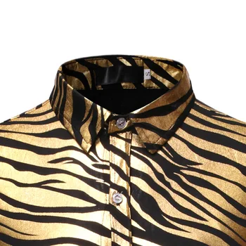 Mænd 70'erne Metallisk Guld Zebra Print Disco Shirt 2019 Helt Nye Slim Fit langærmet Herre Skjorter Prom Party Stage Chemise 5955