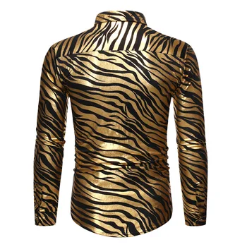 Mænd 70'erne Metallisk Guld Zebra Print Disco Shirt 2019 Helt Nye Slim Fit langærmet Herre Skjorter Prom Party Stage Chemise