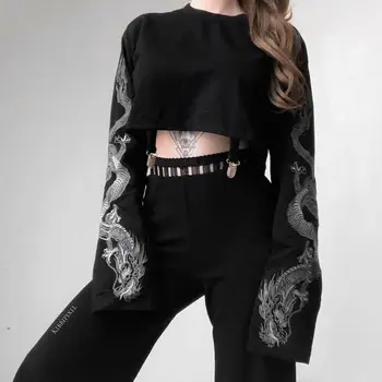 2020 Mew Fashion Kvinder Langærmet Sweatshirt Jumper Diablo-Serien Dragon Print Crop Tops O Hals Casual Løs Jumper, Pullover