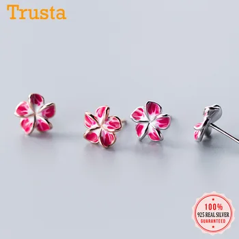 Trusta 2019 Minimalistisk Ægte 925 Sterling Sølv Sød Pink Kronblad Blomst Stud Øreringe Til Kvinder Bryllup Smykker Gave DS1916