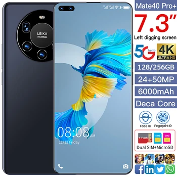 7.3 Tommer Mate40Pro+ Smartphone 8+256GB 6000mAh Dual SIM Android 10 Fuld Skærm Deca Core Ansigt Finger-ID Mobiltelefon Mobiltelefon