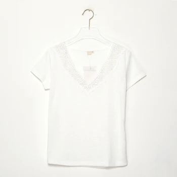 Elegant Broderi T-Shirt Kvinder kortærmet Lace V hals Sort Hvid Casual Skjorter 2020 Bomuld Vintage Løs Tees Top Sommeren