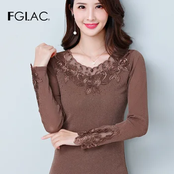 FGLAC Kvinder t-shirt Mode Afslappet langærmet Efteråret kvinder toppe & t-shirts Elegante Slanke Diamanter shirt plus størrelse kvinde tøj 6144