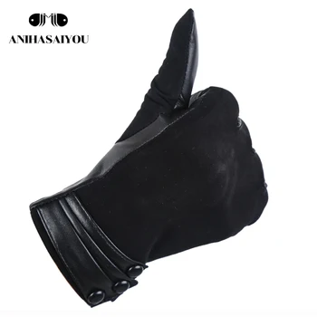 Mode Korte kvinders læderhandsker,fåreskind kvinders handsker,Høj kvalitet Mat læder sort ægte kvinder er vinter handsker - 0715