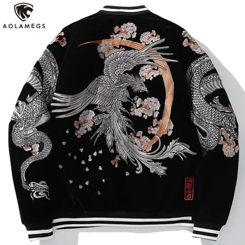 Aolamegs Overdimensionerede Broderi Mænd Jakke Kinesiske Dragon Phoenix Dyr Broderet Jakker Vinter Varm Frakke Japansk Retro Outwear