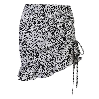 Kvindelige Høj Talje Mini Nederdel Bandage Ruched Streetwear Leopard Print Sommeren Casual Sexy Slim Bunden Trykt Flæsekanter Kort Nederdel 6240
