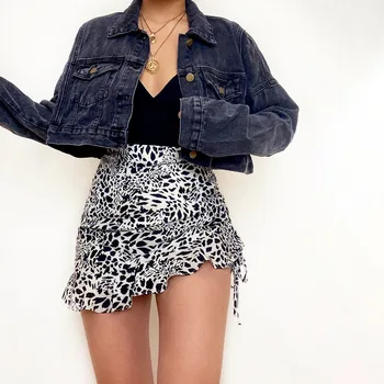 Kvindelige Høj Talje Mini Nederdel Bandage Ruched Streetwear Leopard Print Sommeren Casual Sexy Slim Bunden Trykt Flæsekanter Kort Nederdel