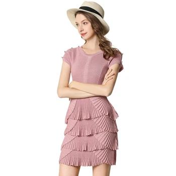 2019 Sommer Mode Strikket Sweater Kjole Høj Kvalitet Kvinder Lurex Garn At Strikke Perlebesat Knappen Korte Ærmer Sort Pink Kjole