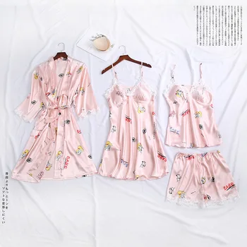 Satin Silke Spaghetti Strop Top&Shorts Dame Pyjamas, der Passer 4STK Sove Sæt Sexy Intim Undertøj Kimono Morgenkåbe Kjole Homewear