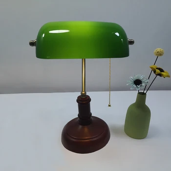 Vintage Træ-Grønne Glas bordlampe kinesisk stil sengelamper stue kontor Studiet rum, antik grøn bordlampe 63768
