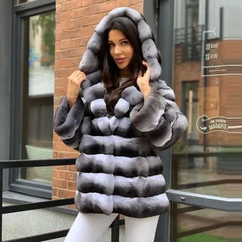 2020 Mode Rigtig Chinchilla Farve Rex Kanin Pels Frakke Med Hætte Til Kvinder Vinter Outwear, Varm, Ægte Pels Jakker Naturlige