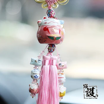 Indvendig Hængende Ornament Keramiske Maneki Neko Lucky Cat Fat Cat Crystal Sleutelhanger Bil Pandent nøglering Chaveiro Dekoration