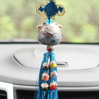 Indvendig Hængende Ornament Keramiske Maneki Neko Lucky Cat Fat Cat Crystal Sleutelhanger Bil Pandent nøglering Chaveiro Dekoration