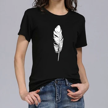 Hillbilly Sommer Sort Hvid Fjer T-shirt Kvinder Harajuku G Printet Tee Femme Mode Afslappet O-Hals Dames Kleding Zomer