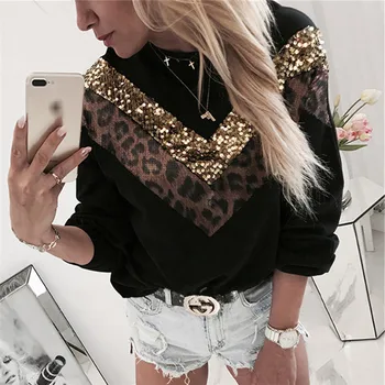 Leopard Print Sweatshirt Kvinder Efteråret bedste Damer Mode paillet Trøjer med Lange Ærmer Løs Hoody Dames Streetwear