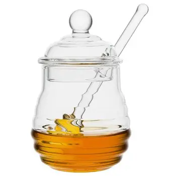 Gennemsigtig glas honning krukke med låg Krukke Honning med Dipper, Klar, 9 Ounce