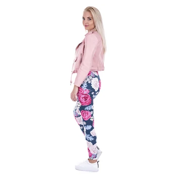 2017 Kvinder Mode Casual Basic Leggins VILDE ROSER, Lyserøde Blomster Printede Leggings med Høj Talje 95% Polyester 5% Spandex Pasform Legging