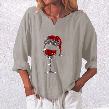 Kvinder Mode Print Løs Lange Ærmer V-Hals Casual T-Shirt, Bluse Toppe Jul T-shirt Verano Mujer Świąteczna koszulka 65446
