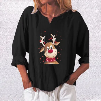 Kvinder Mode Print Løs Lange Ærmer V-Hals Casual T-Shirt, Bluse Toppe Jul T-shirt Verano Mujer Świąteczna koszulka