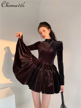 2021 Forår og Efterår Nye Kvinder er Høj Hals Guld Fløjl Dress langærmet Kvindelige Retro Mini Party Dress