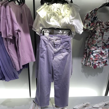 2020 Forår Sommer Vintage Lilla Denim Bred Ben Bukser Kvinde Koreanske Fast Casual Løs Elastik Høj Talje Jeans Bukser Kvindelige
