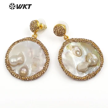 RE075 WKT Perle øreringe til dame pige runde form pære med rhinestone banet rundt i guld farve 2019 nye designer boho stil