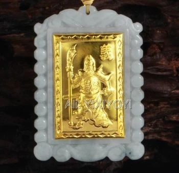 Charmerende Naturlige Grade A Jadeite Jade + 18K Guld Kinesiske GuanGong Amulet Vedhæng + Gratis Halskæde Smykker Certifikat