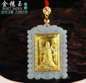 Charmerende Naturlige Grade A Jadeite Jade + 18K Guld Kinesiske GuanGong Amulet Vedhæng + Gratis Halskæde Smykker Certifikat