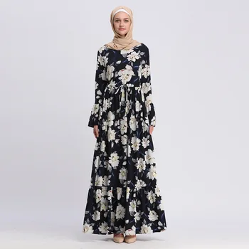 Mellemøsten Dubai Muslimske Sød Hijab Kjole Kvinder Print Blomster Blonder-up Big Swing Abaya Kjoler Musulman Islamisk Tøj Kimono