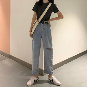 Nye Ankomst Foråret Korea Fashion Kvinder med Høj Talje Løs Blå Cowboybukser Alle matchede Casual Bunden Vintage Bomuld Denim Jeans S300