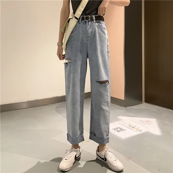 Nye Ankomst Foråret Korea Fashion Kvinder med Høj Talje Løs Blå Cowboybukser Alle matchede Casual Bunden Vintage Bomuld Denim Jeans S300