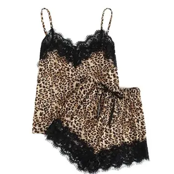 Kvinder Plus Size Nattøj Sæt Sexet Leopard Lace Ærmeløs Top Shorts Babydoll Pyjamas Sæt Koronkowa Pizama Y