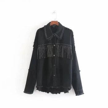 Efteråret sort hær perlebesat denim jakke kvinder sort langærmet pels Streetwear oversize jeans jakke chaqueta mujer 2019