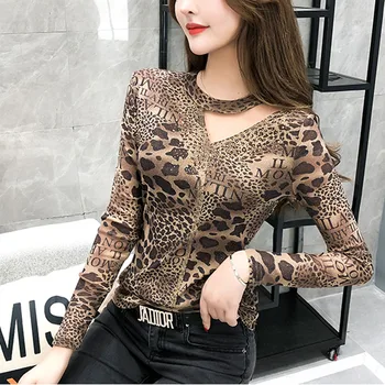 Nye Leopard T-shirt Kvinder Diamanter Hule Ud Slanke med Lange Ærmer Mesh Toppe Tee ropa mujer футболка T9D403Y