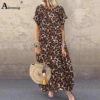 Aimsnug Kvinder Elegant Lang Kjole Vintage Leopard Print Strand Kjole Løs 2020 Plus størrelse 5xl Damer Boheme Maxi Kjoler Femme