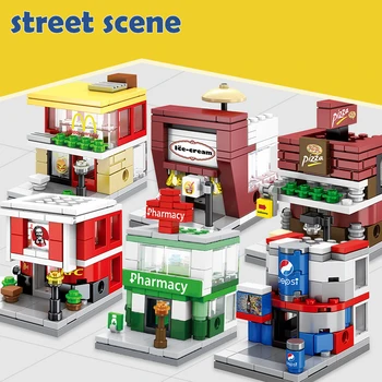 Byen Pige Mini Street Scene Butik kaffe Arkitekturer Modeller Mursten Samle byggesten Legetøj til Børn Gave