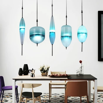 Moderne nordiske dråbeformet blå glas vedhæng lys LED kreative art deco-hængende lampe med 2 farver til stuen soveværelse cafe