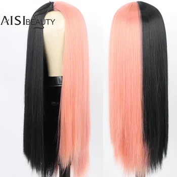 AisibeautyLong Lige Parykker til Kvinder Syntetiske Parykker Sort Blandet Pink Cosplay Parykker Midten Division Naturlig Part Falske hår