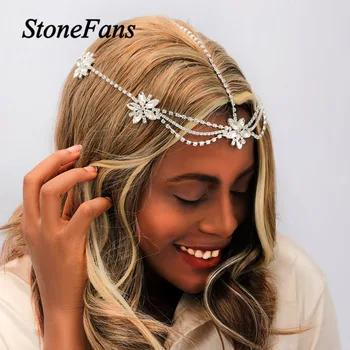 Stonefans Brude Hår Tilbehør Blomst Rhinestone Pande Kæde til Kvinder Krystal Bryllup Medaljon Bling Kæde Smykker
